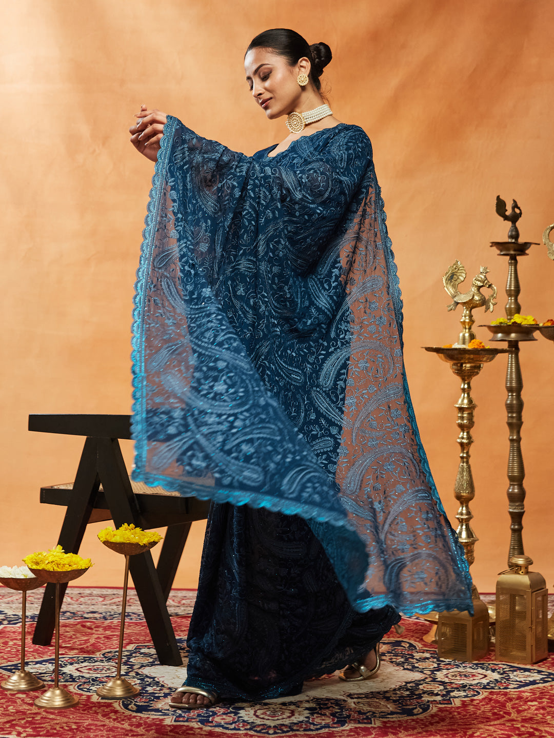 Dhiyona KS Women's Woven Design Embroidered Pure Georgette Saree