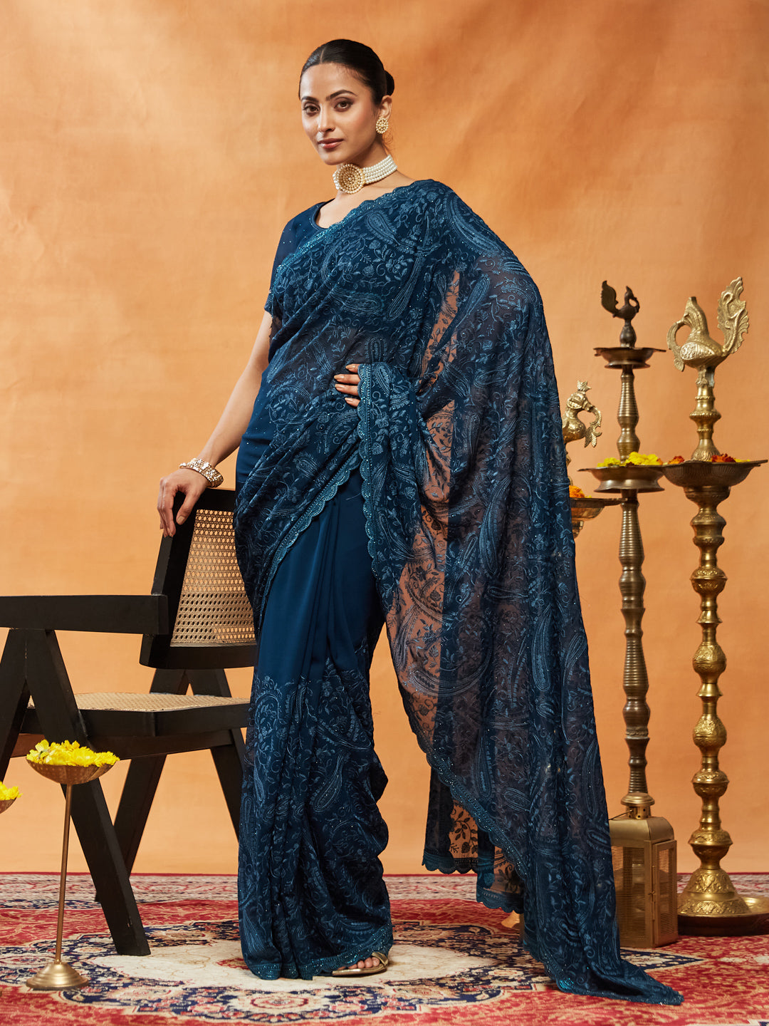 Dhiyona KS Women's Woven Design Embroidered Pure Georgette Saree