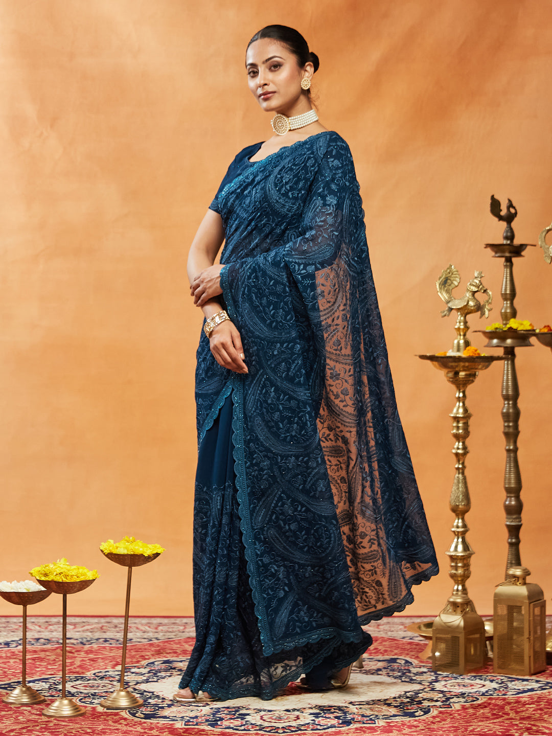 Dhiyona KS Women's Woven Design Embroidered Pure Georgette Saree