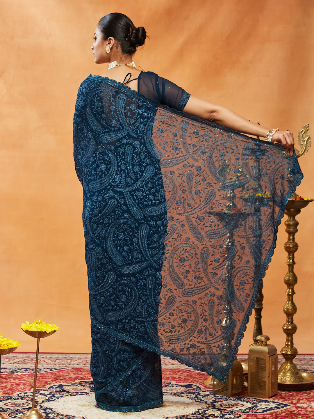 Dhiyona KS Women's Woven Design Embroidered Pure Georgette Saree