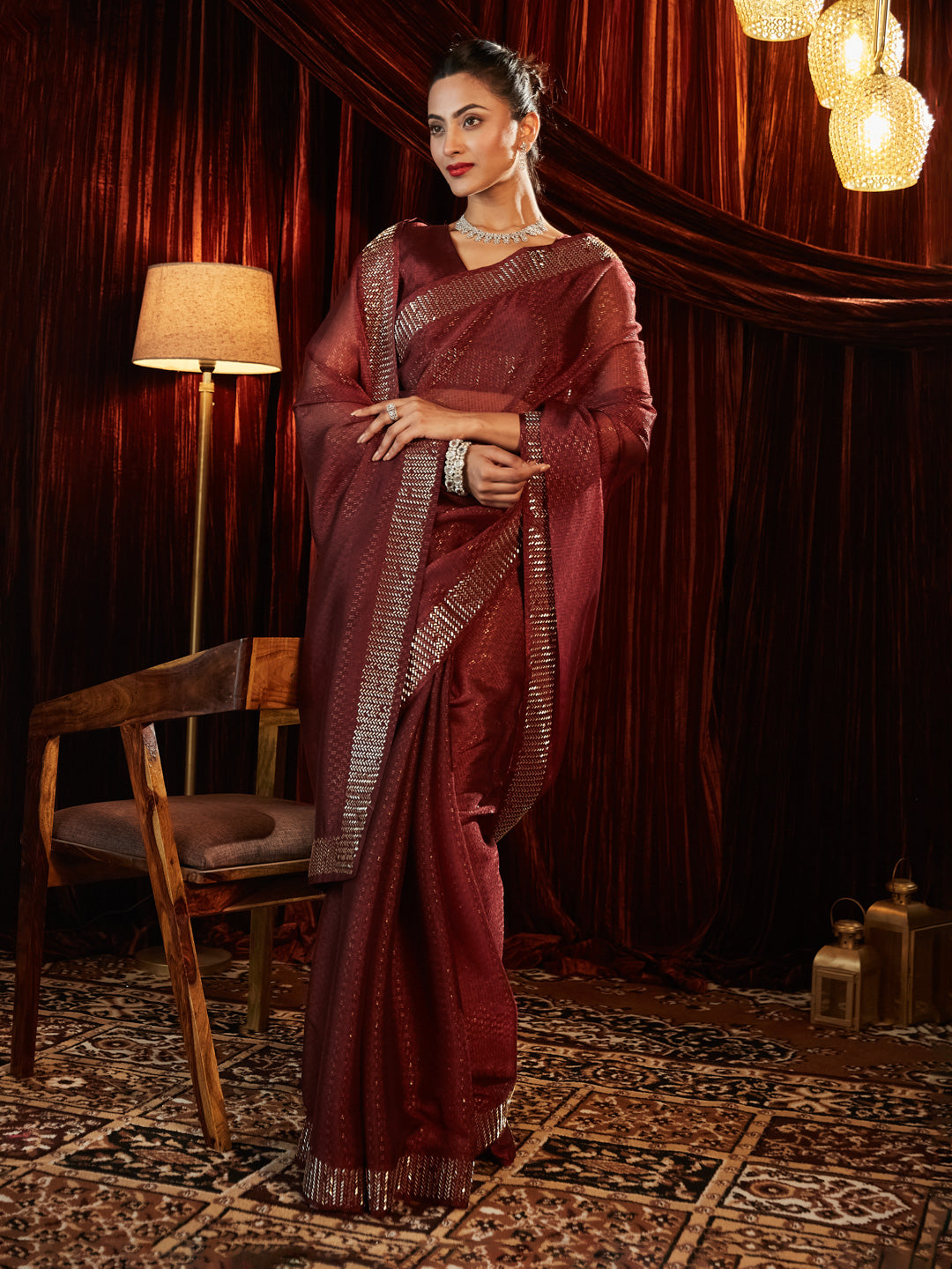 Dhiyona KS Women's Embellished Beads and Stones Woven Design Saree