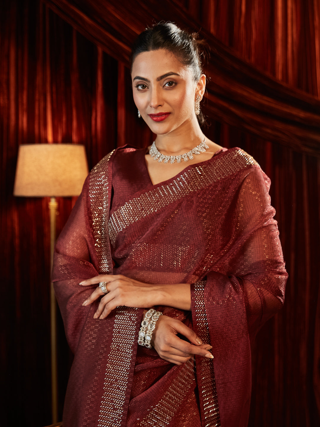 Dhiyona KS Women's Embellished Beads and Stones Woven Design Saree