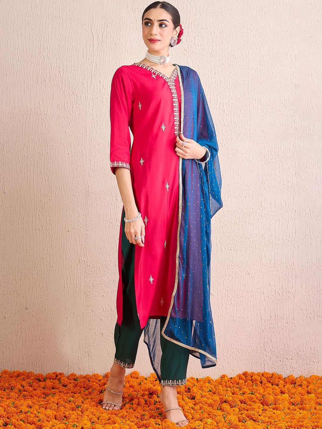Dhiyona IE Women Ethnic Motifs Embroidered Regular Kurta with Trousers & With Dupatta