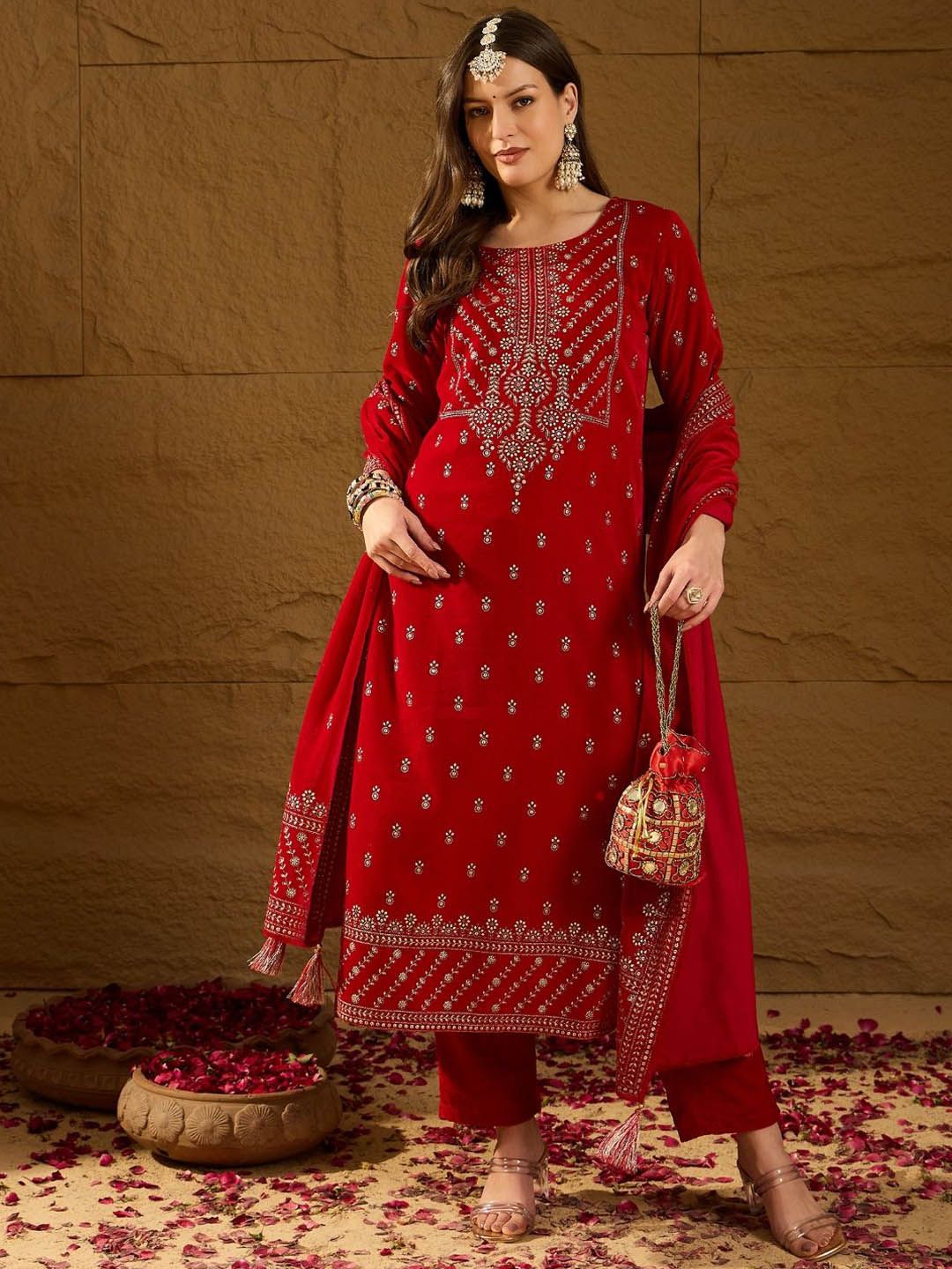 Dhiyona PD Women Embroidered Velvet Straight Kurta With Trousers And Dupatta