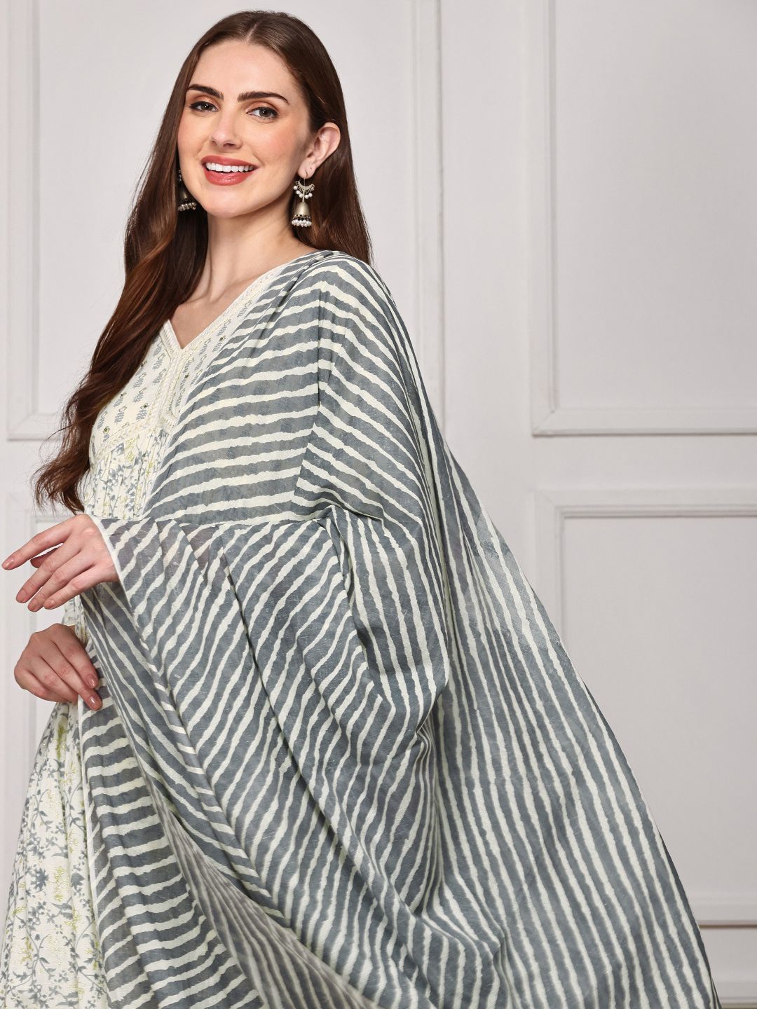 Dhiyona IS Women's Ethnic Motifs Printed V-Neck Pure Cotton Anarkali Kurta with Trousers & Dupatta