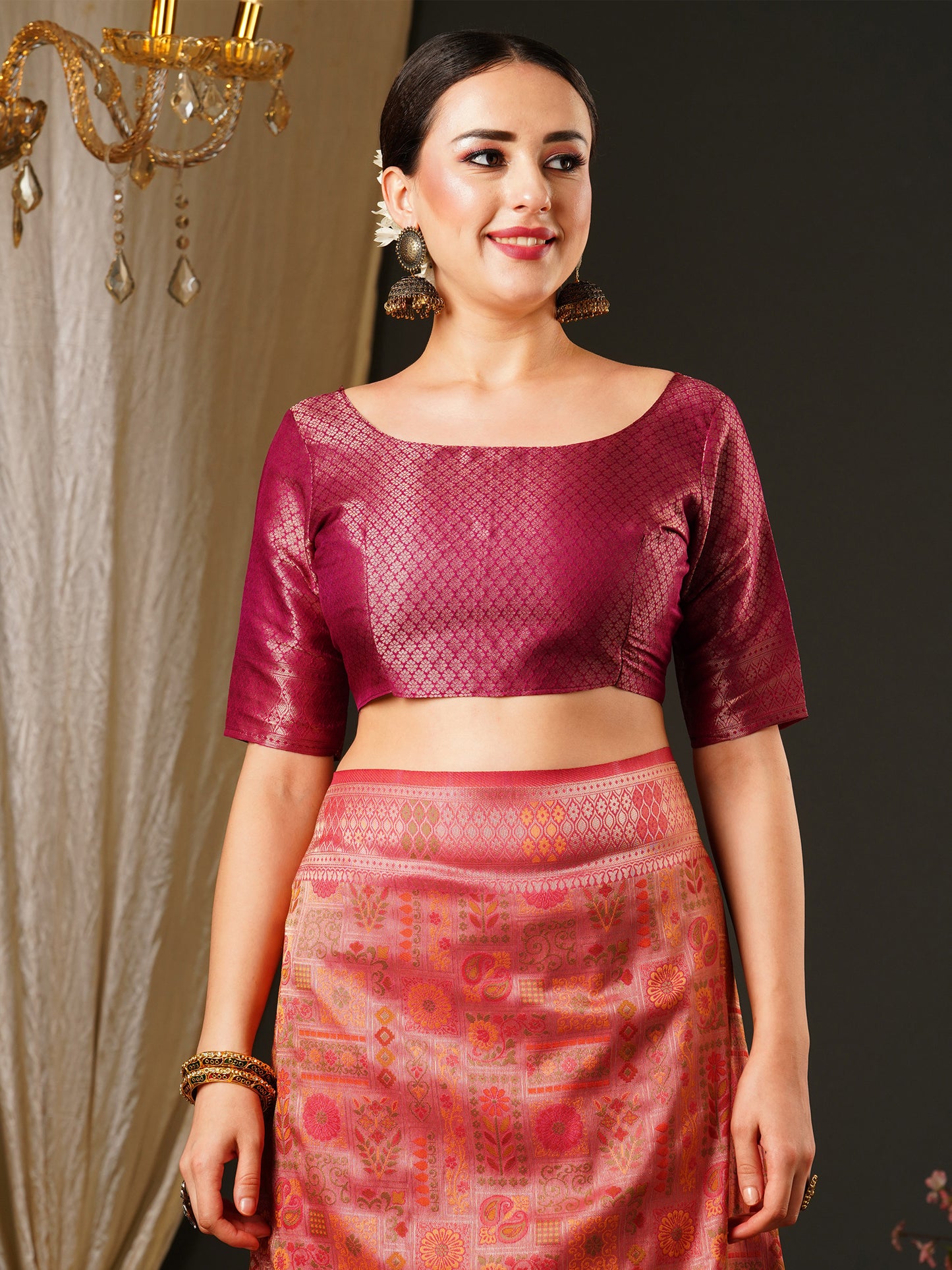Women's Kanjeevaram Silk Pink Woven Design Celebrity Saree With Blouse Piece