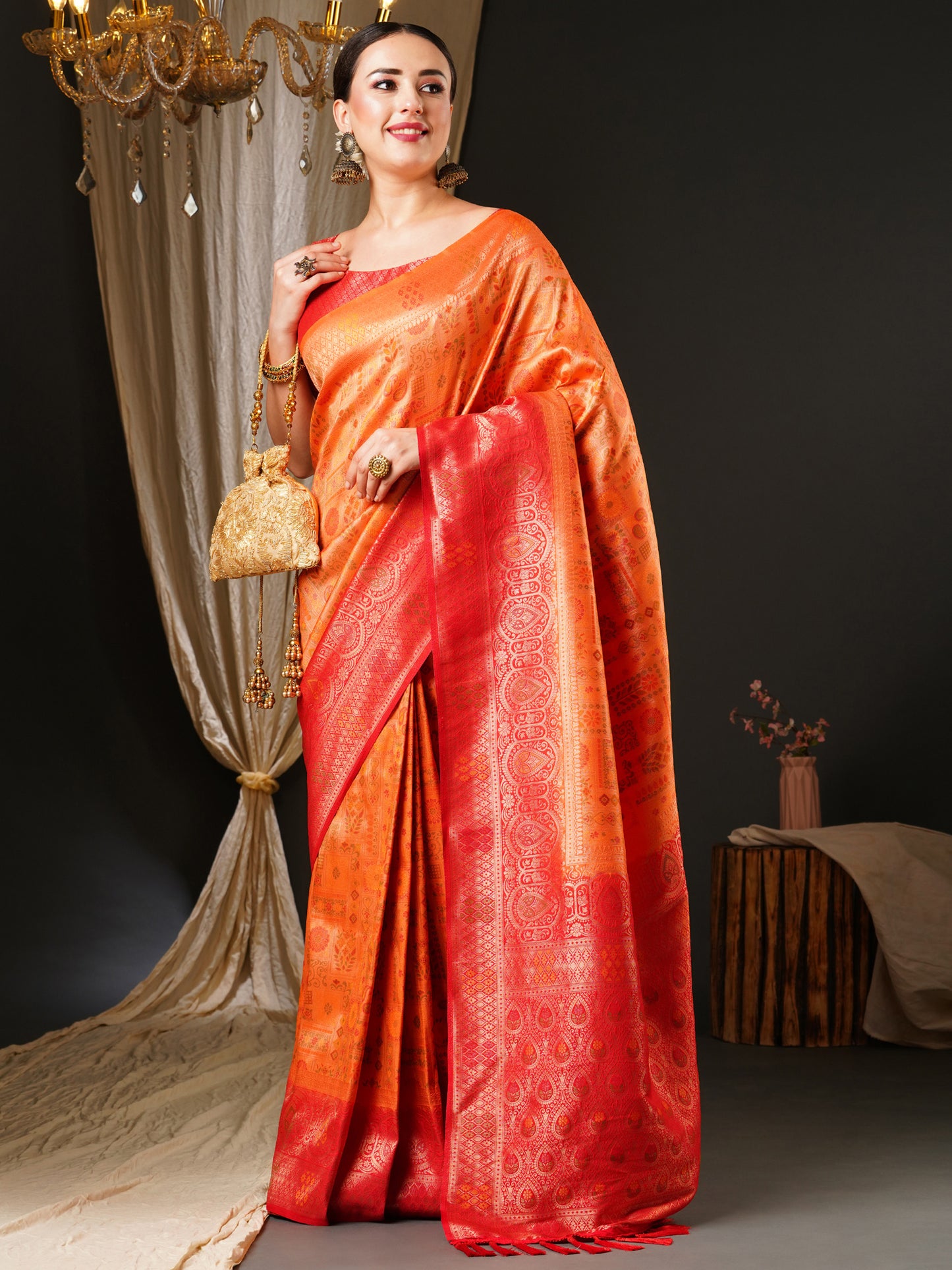 Women's Kanjeevaram Silk Peach Woven Design Celebrity Saree With Blouse Piece