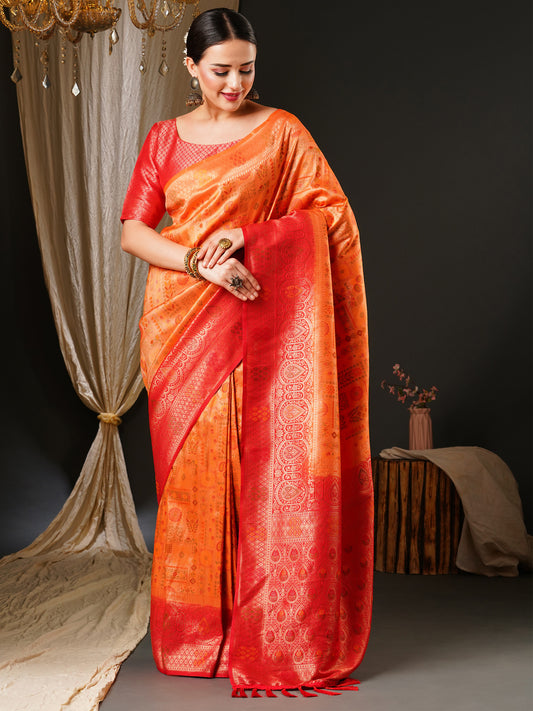 Women's Kanjeevaram Silk Peach Woven Design Celebrity Saree With Blouse Piece