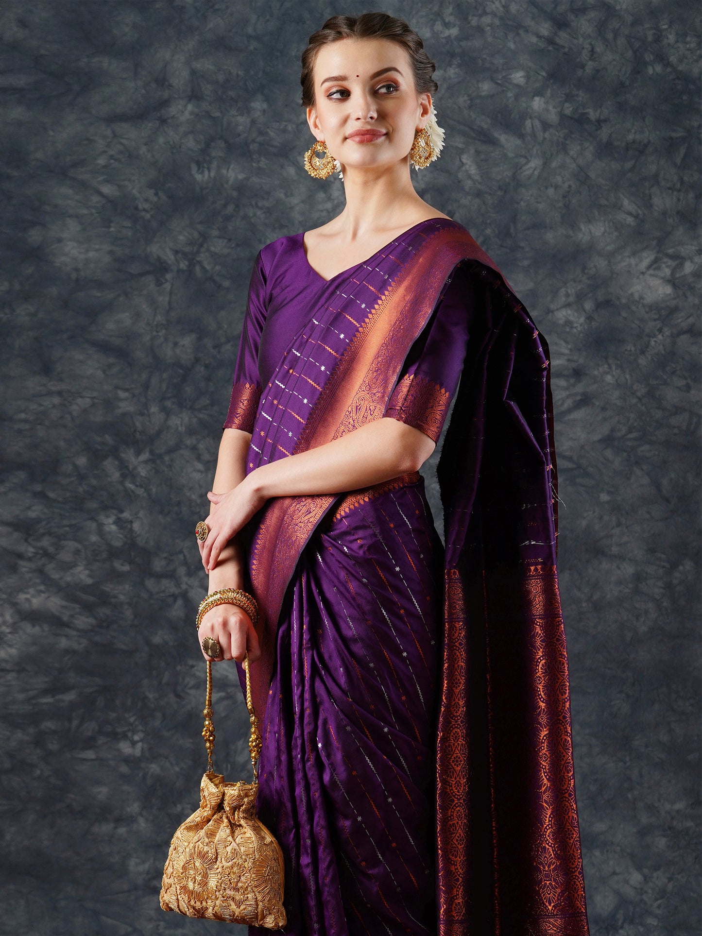 Women's Silk Blend Purple Woven Design Designer Saree With Blouse Piece