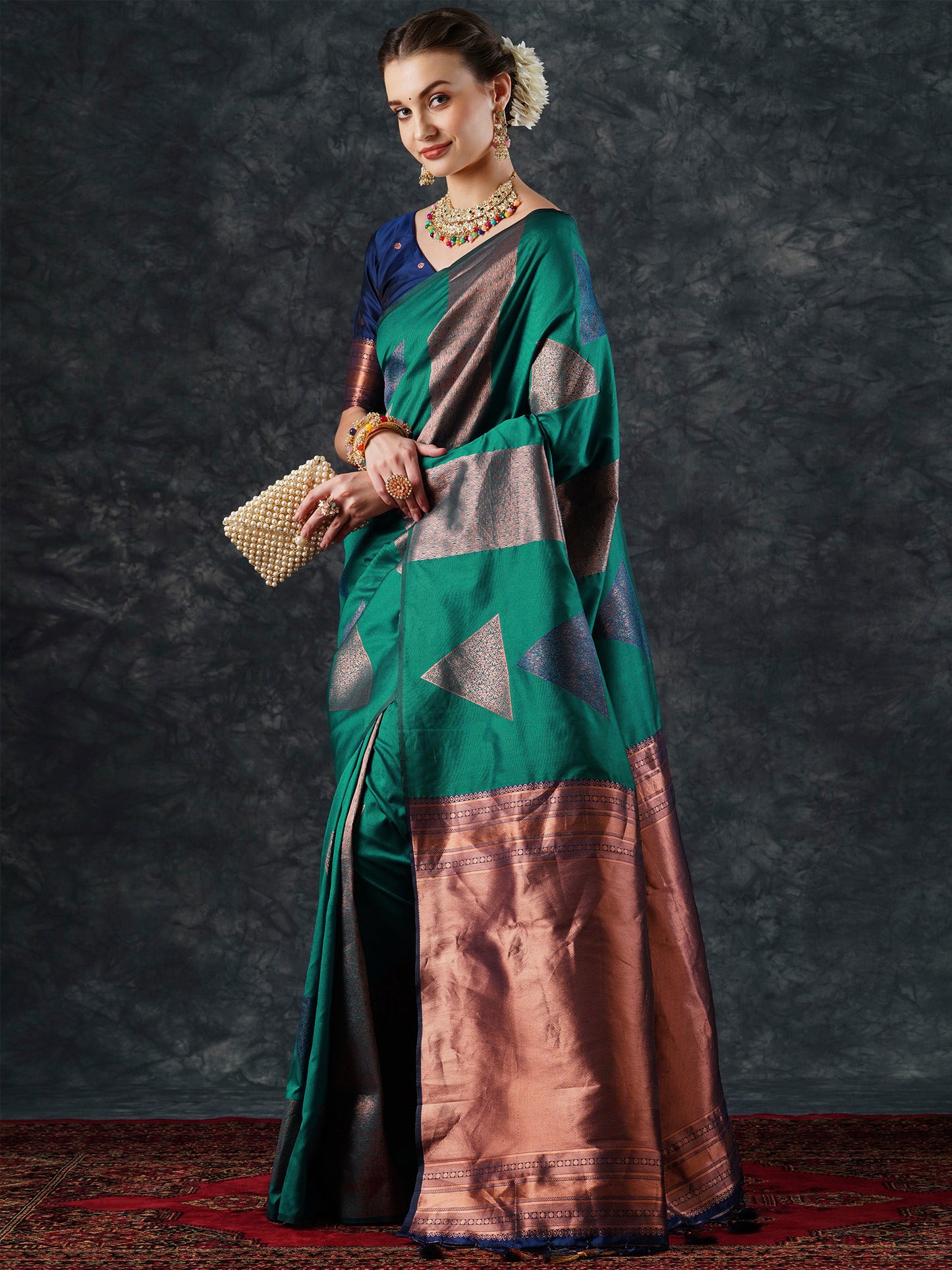 Women's Silk Blend Teal blue Woven Design Designer Saree With Blouse Piece