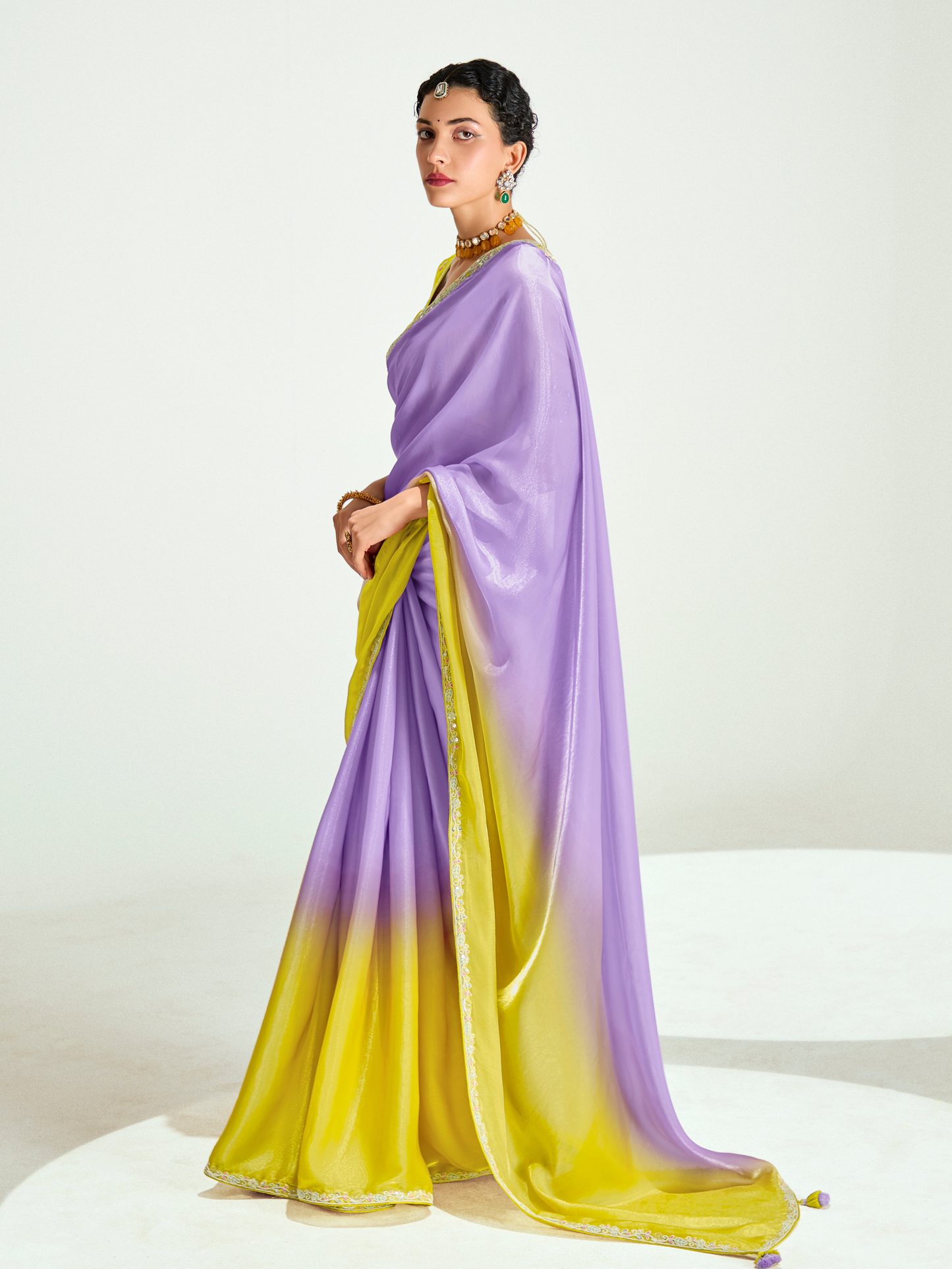 Dhiyona KM Women Yellow Shade Organza Saree