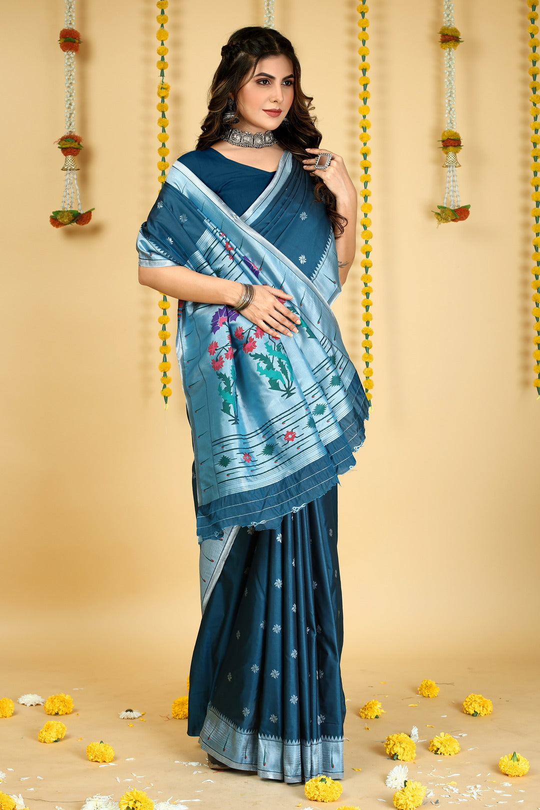 Dhiyona GR Women's Mastani 2 Teal Zari Paithani Silk Saree