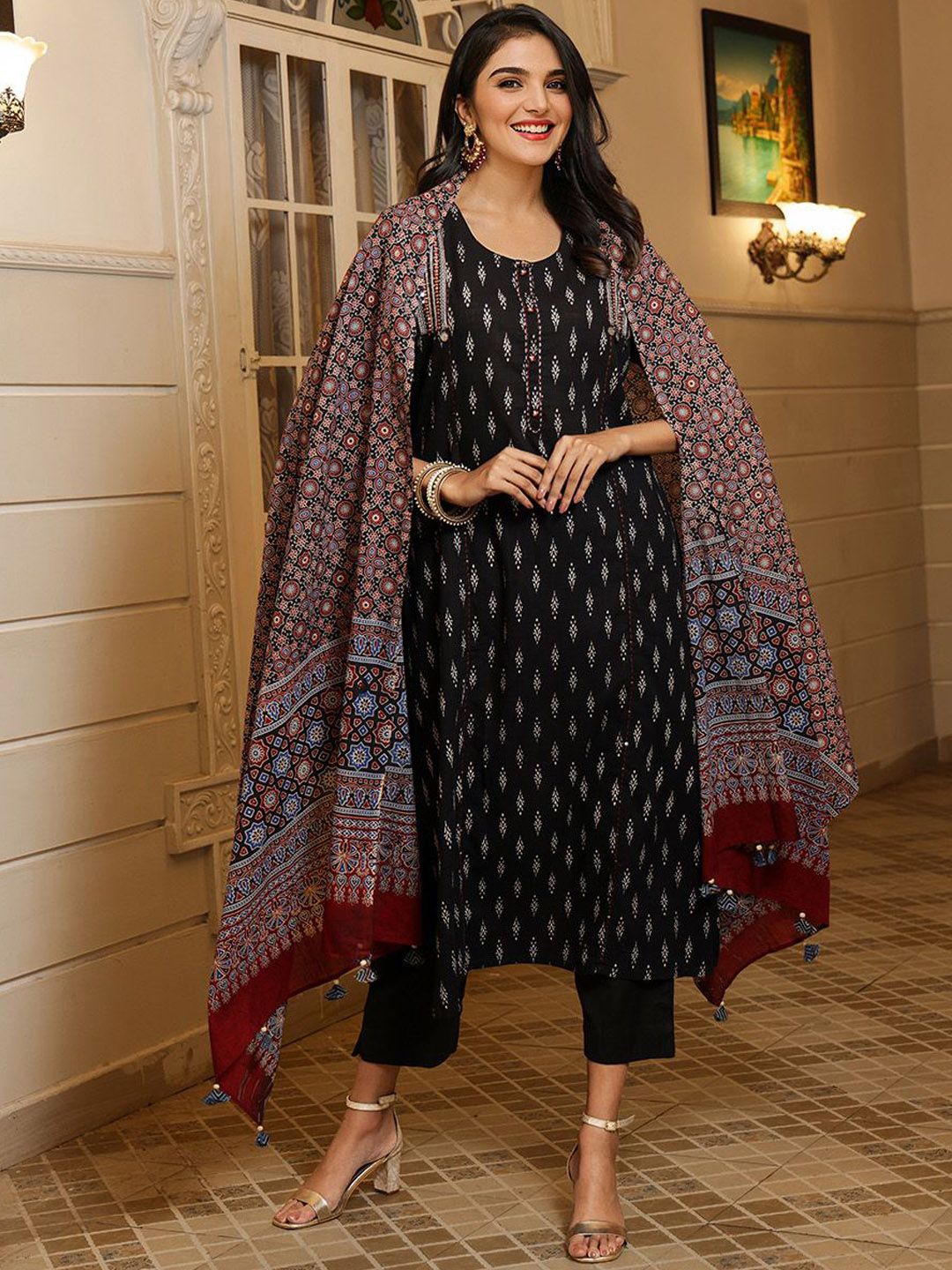 Dhiyona IS Women's Ethnic Motifs Printed Pure Cotton Straight Kurta With Trouser & Dupatta