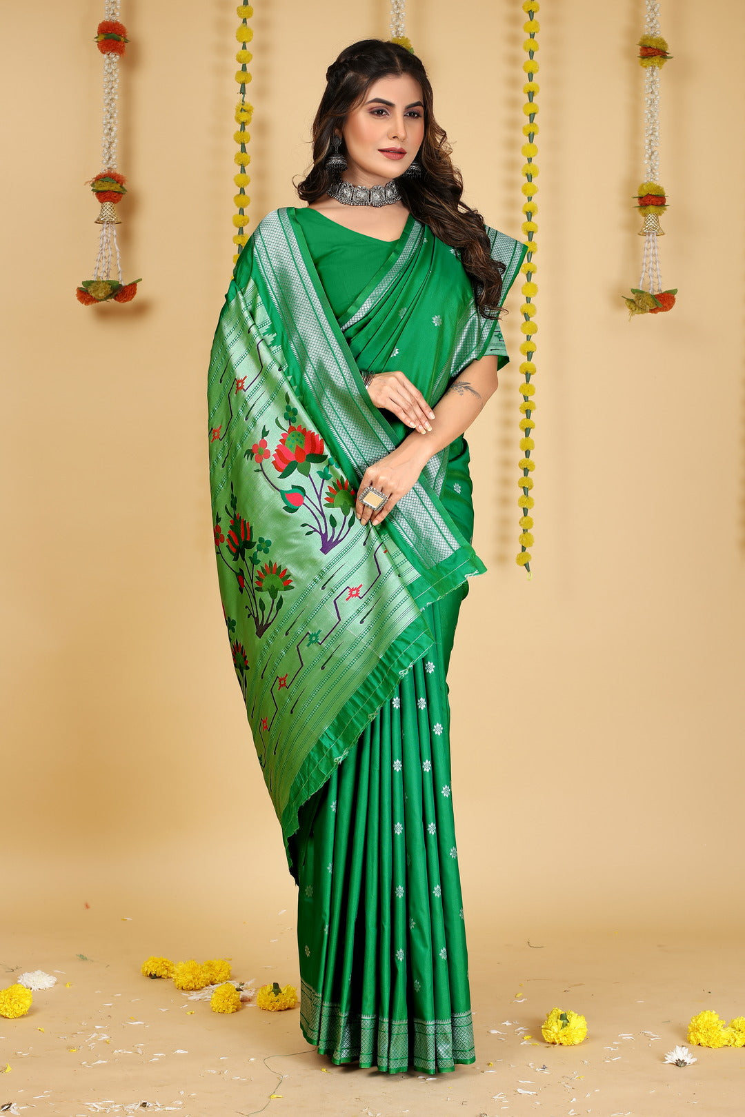 Dhiyona GR Women's Mastani Bottle Green Zari Paithani Silk Saree