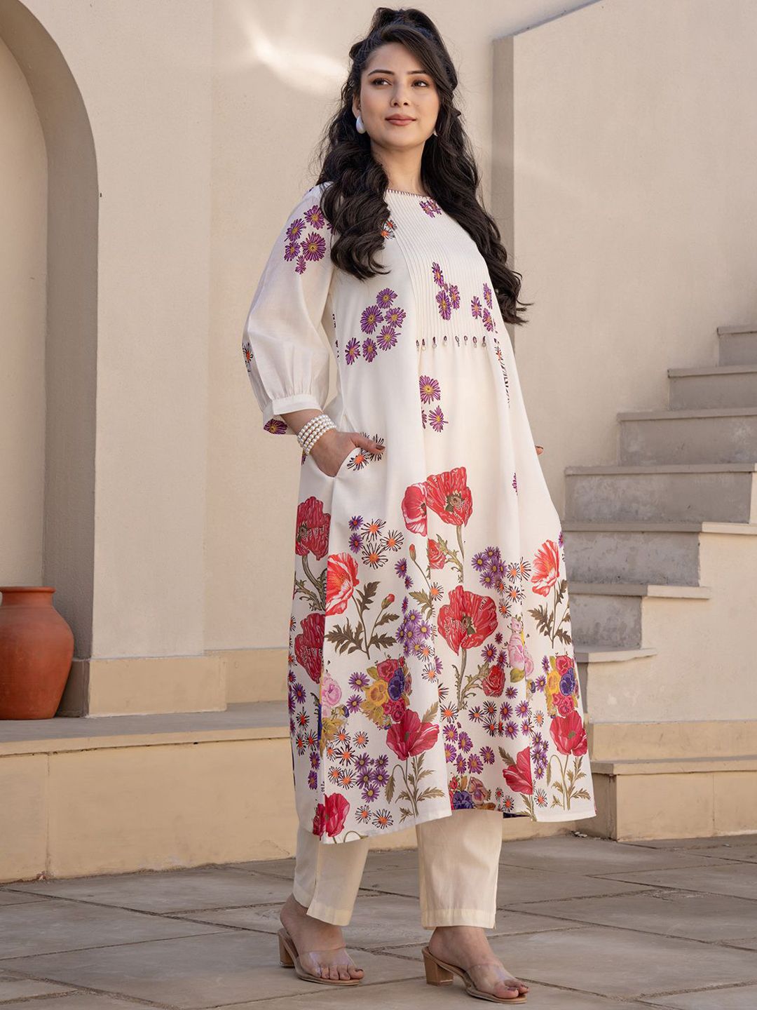Dhiyona IE Floral Printed A-Line Sequinned Pure Cotton Kurta With Trousers
