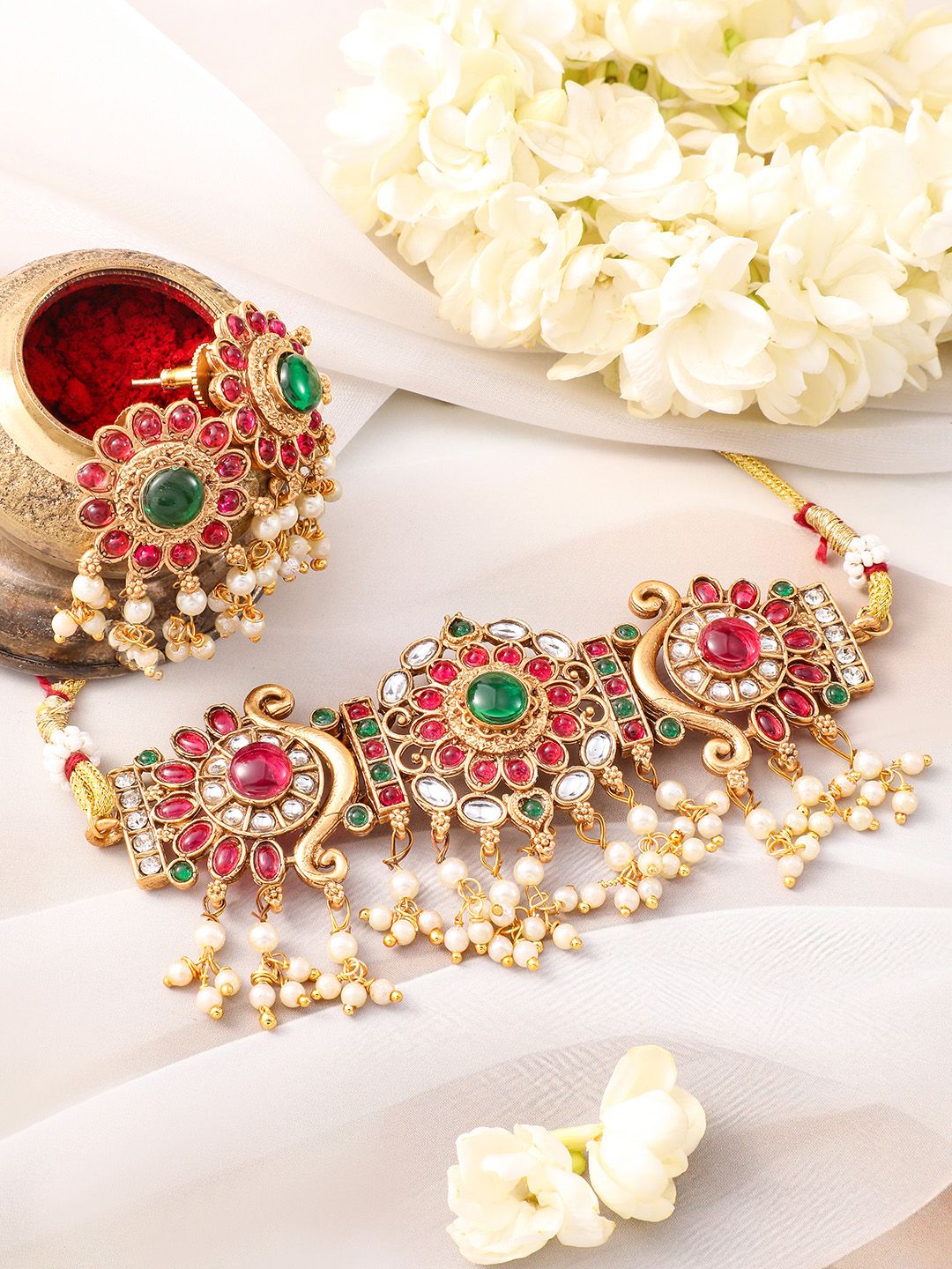 Dhiyona RJ Women's 22K Gold-Plated Emerald & Ruby Pink Kundan Choker Jewellery Set with Pearl Beads