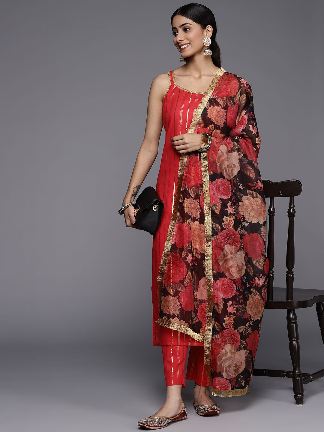 Dhiyona VA Women's Red Gotta Patti Pure Cotton Kurta with Trousers & Dupatta