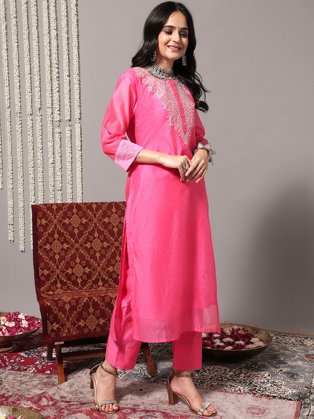 Dhiyona VA Women's Pink Yoke Design Sequinned Chanderi Silk Kurta with Palazzos & With Dupatta