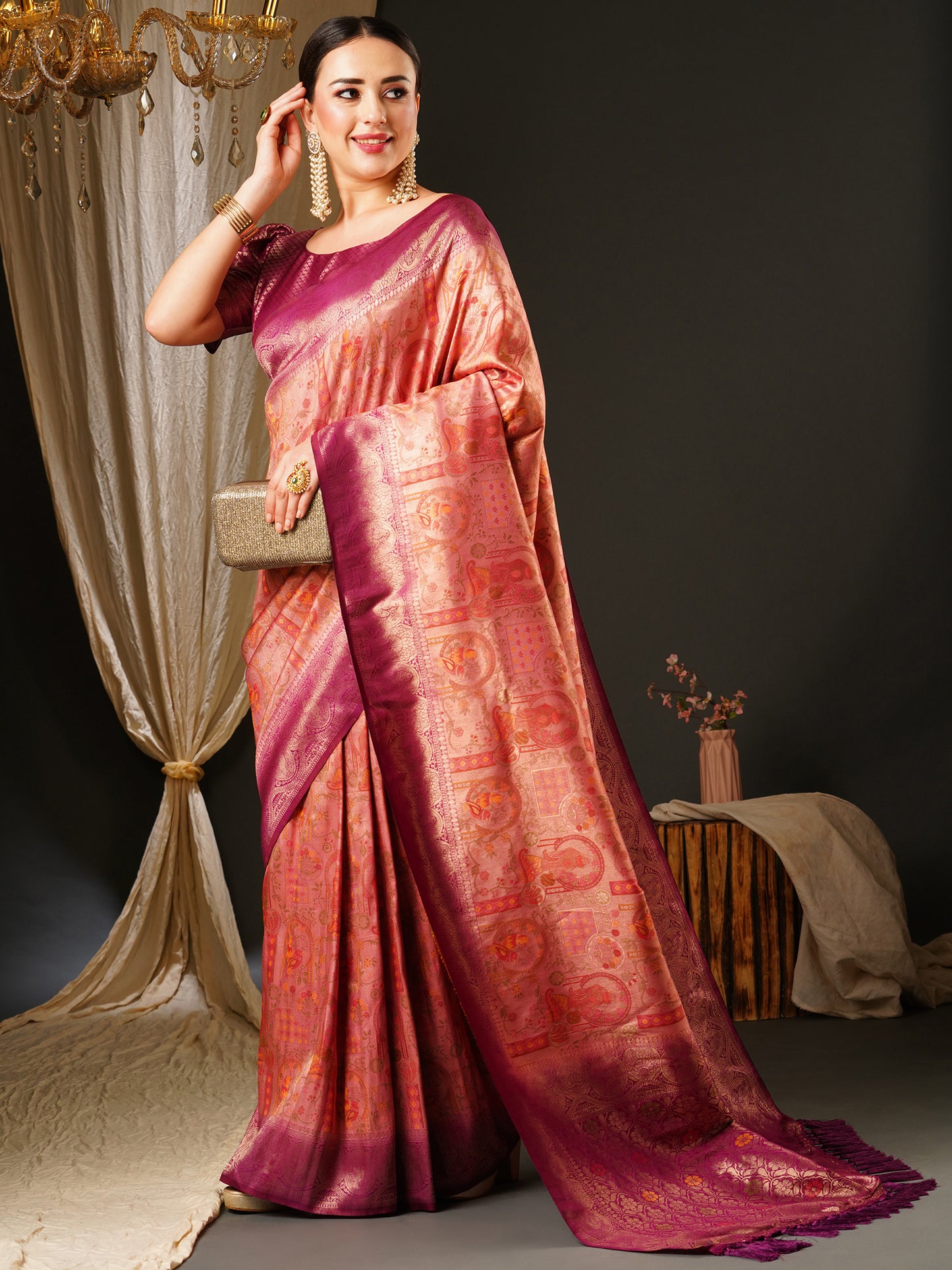 Women's Kanjeevaram Silk Pink Woven Design Celebrity Saree With Blouse Piece