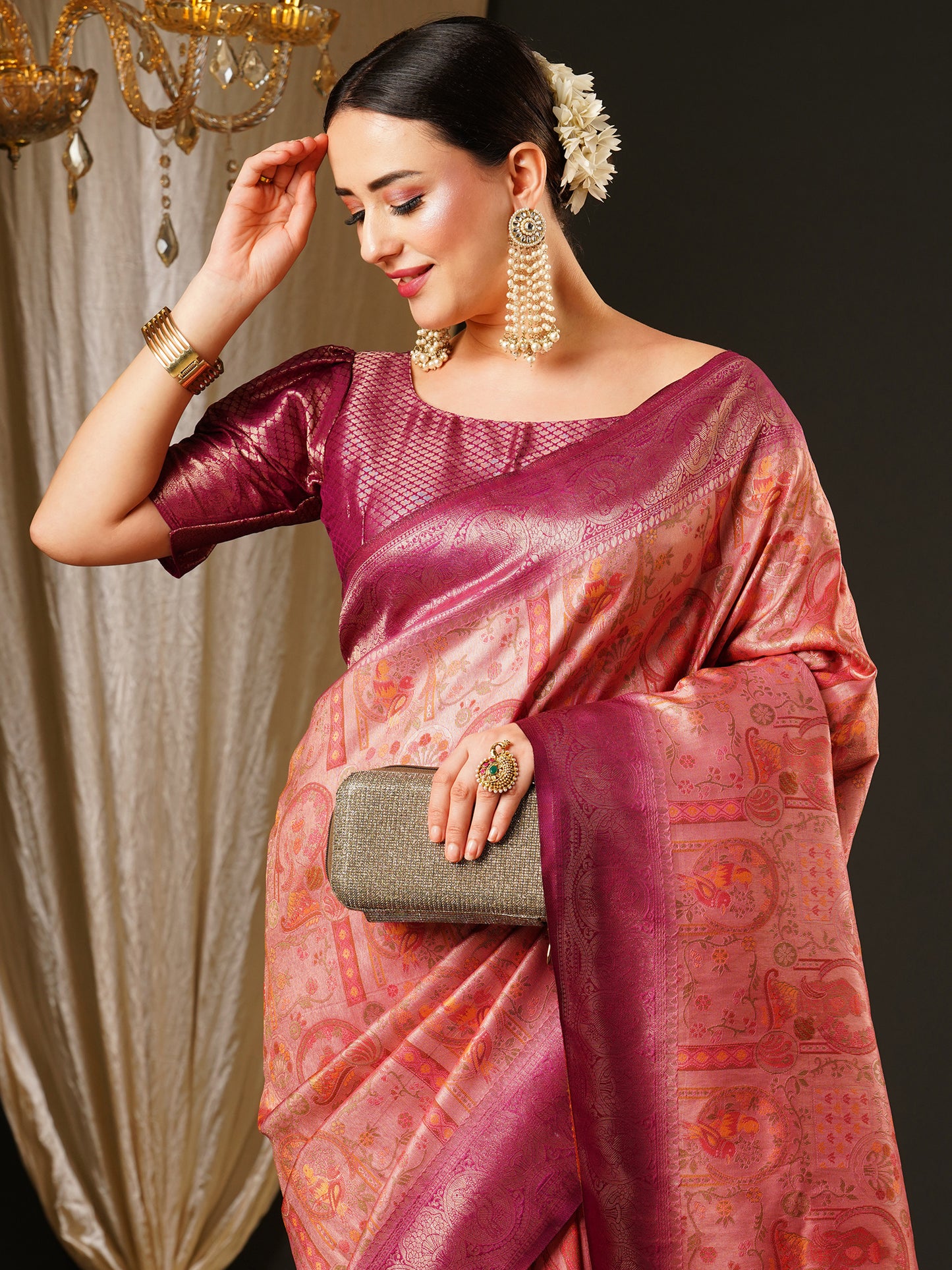 Women's Kanjeevaram Silk Pink Woven Design Celebrity Saree With Blouse Piece