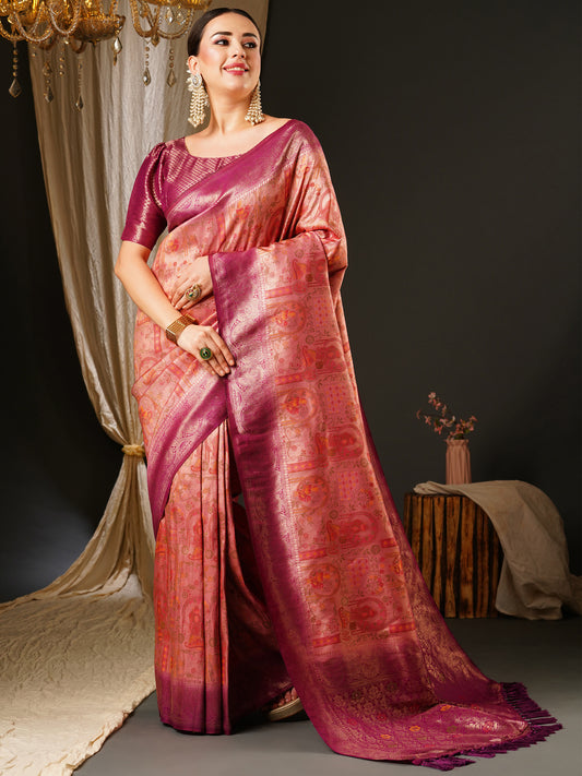 Women's Kanjeevaram Silk Pink Woven Design Celebrity Saree With Blouse Piece