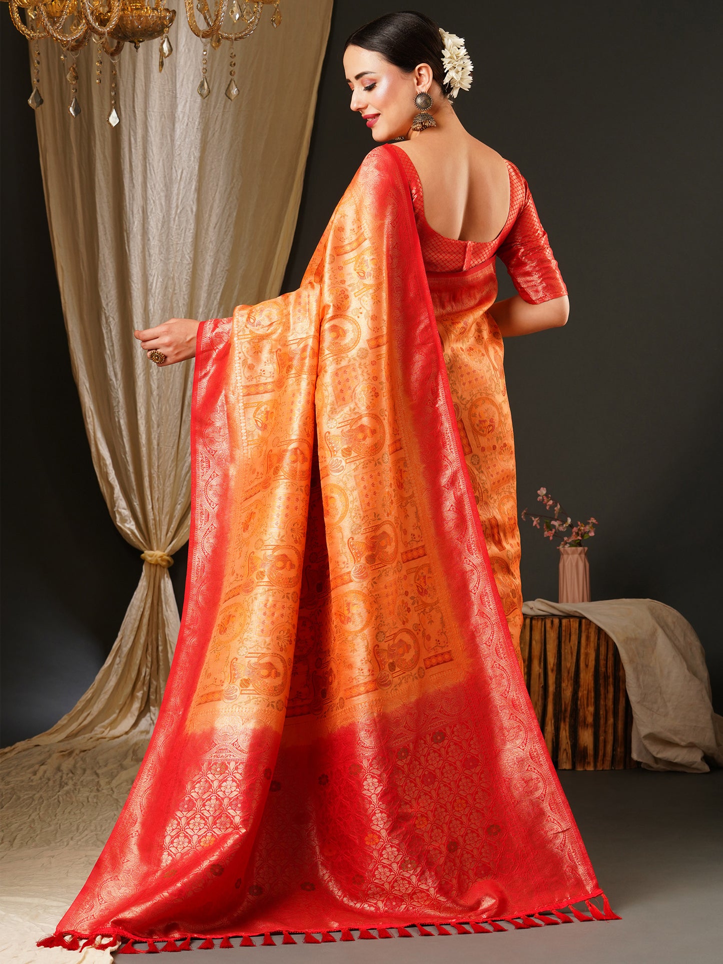 Women's Kanjeevaram Silk Peach Woven Design Celebrity Saree With Blouse Piece