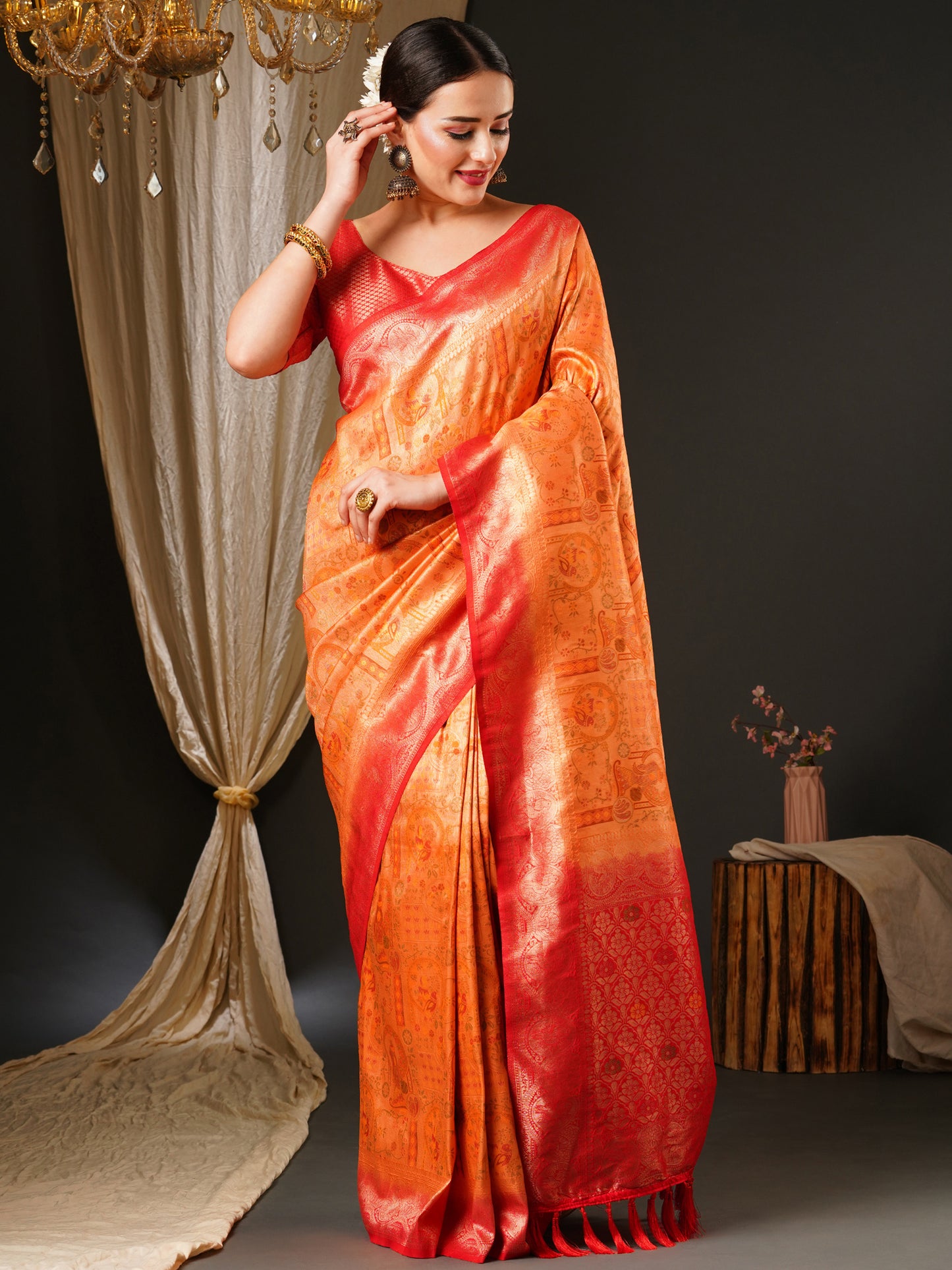 Women's Kanjeevaram Silk Peach Woven Design Celebrity Saree With Blouse Piece