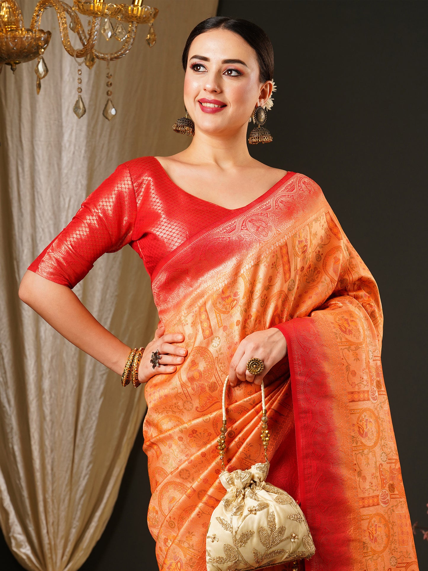 Women's Kanjeevaram Silk Peach Woven Design Celebrity Saree With Blouse Piece