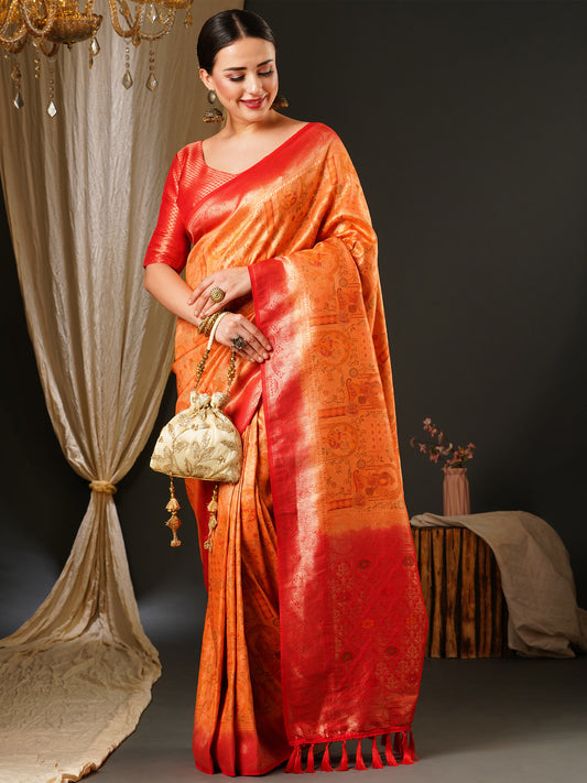 Women's Kanjeevaram Silk Peach Woven Design Celebrity Saree With Blouse Piece