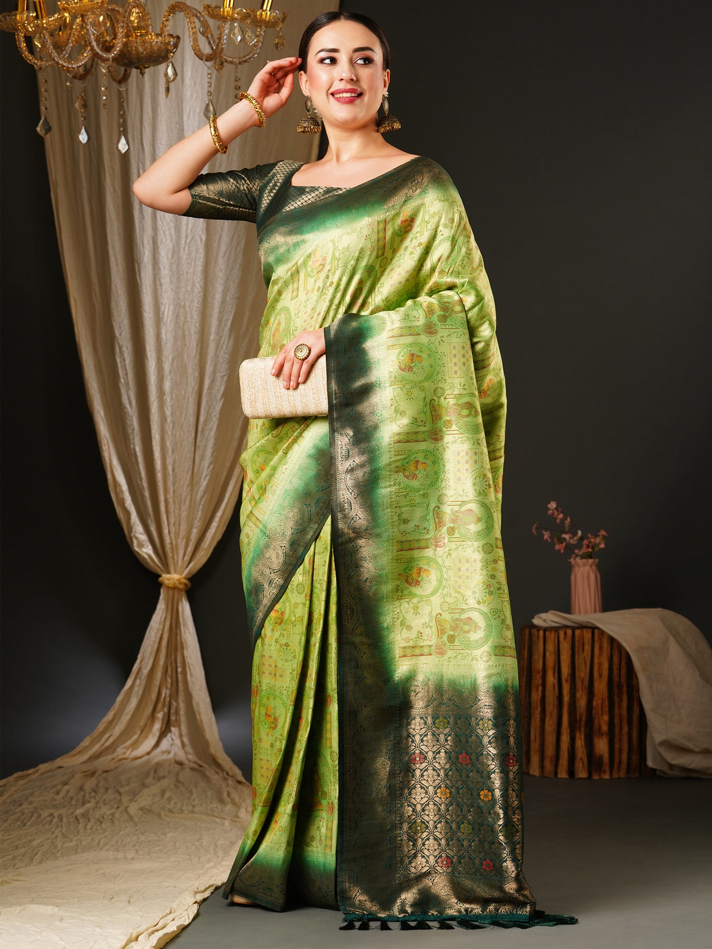 Women's Kanjeevaram Silk Light Green Woven Design Celebrity Saree With Blouse Piece