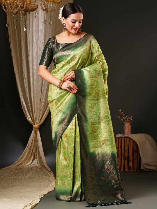Women's Kanjeevaram Silk Light Green Woven Design Celebrity Saree With Blouse Piece