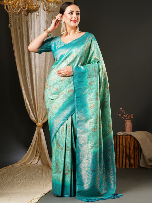 Women's Kanjeevaram Silk Blue Woven Design Celebrity Saree With Blouse Piece