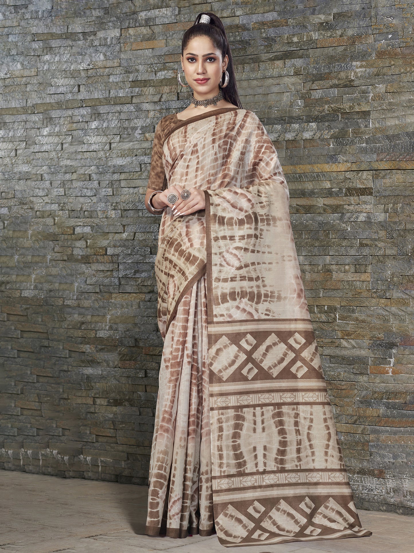 Women's Bhagalpuri Silk Beige Printed Designer Saree With Blouse Piece