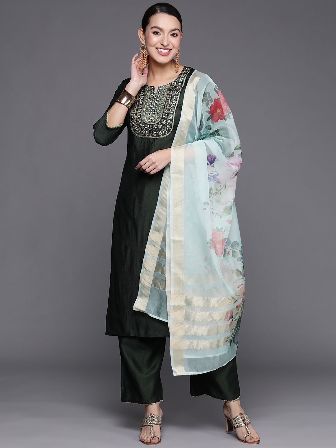 Dhiyona IE Women Ethnic Motifs Embroidered Sequinned Liva Kurta with Palazzos & With Dupatta