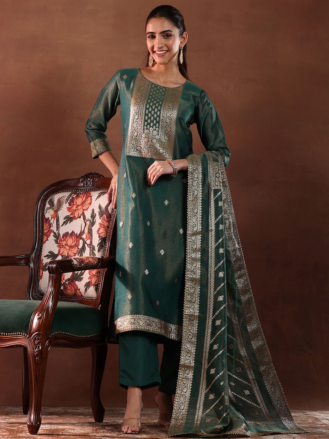 Dhiyona LB Women's Green and Gold Ethnic Motifs Woven Design Straight Kurta with Trouser & Dupatta