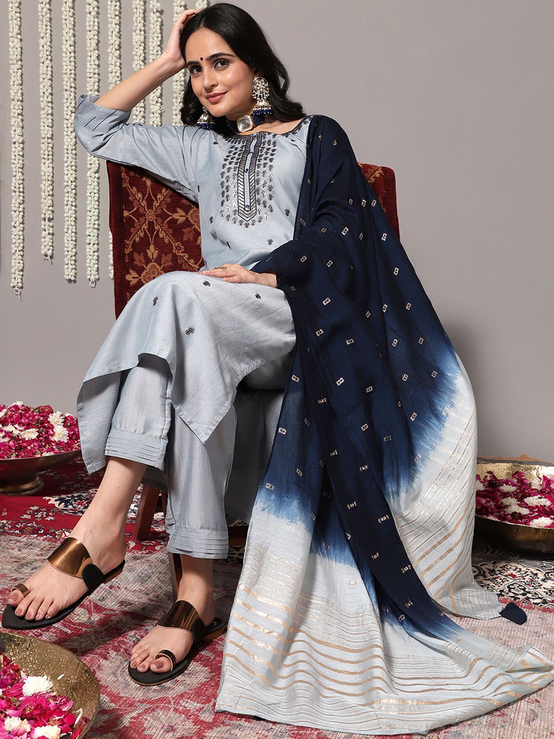 Dhiyona VA Women's Sequinned Kurta with Trousers & With Dupatta