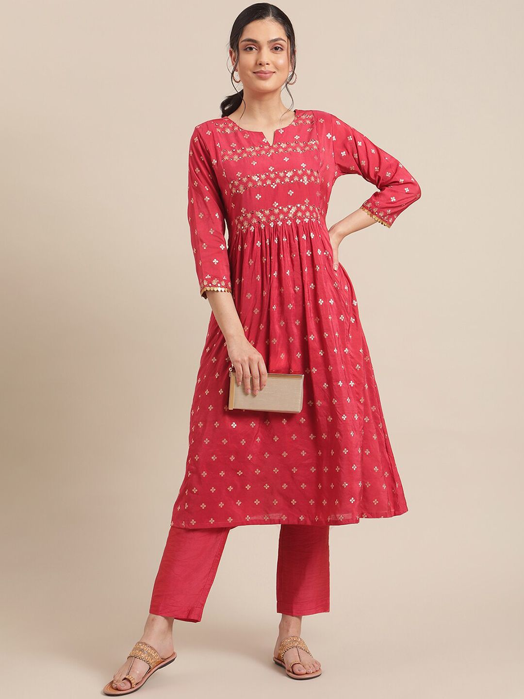 Dhiyona VA Women's Red & Gold-Toned Floral Embroidered Mirror Work Pleated Kurta With Trousers