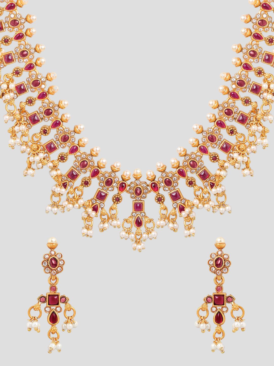 Dhiyona RJ Women's 22K Gold-Plated Ruby Kundan & Cubic Zirconia Studded Necklace Set with Pearl Beads