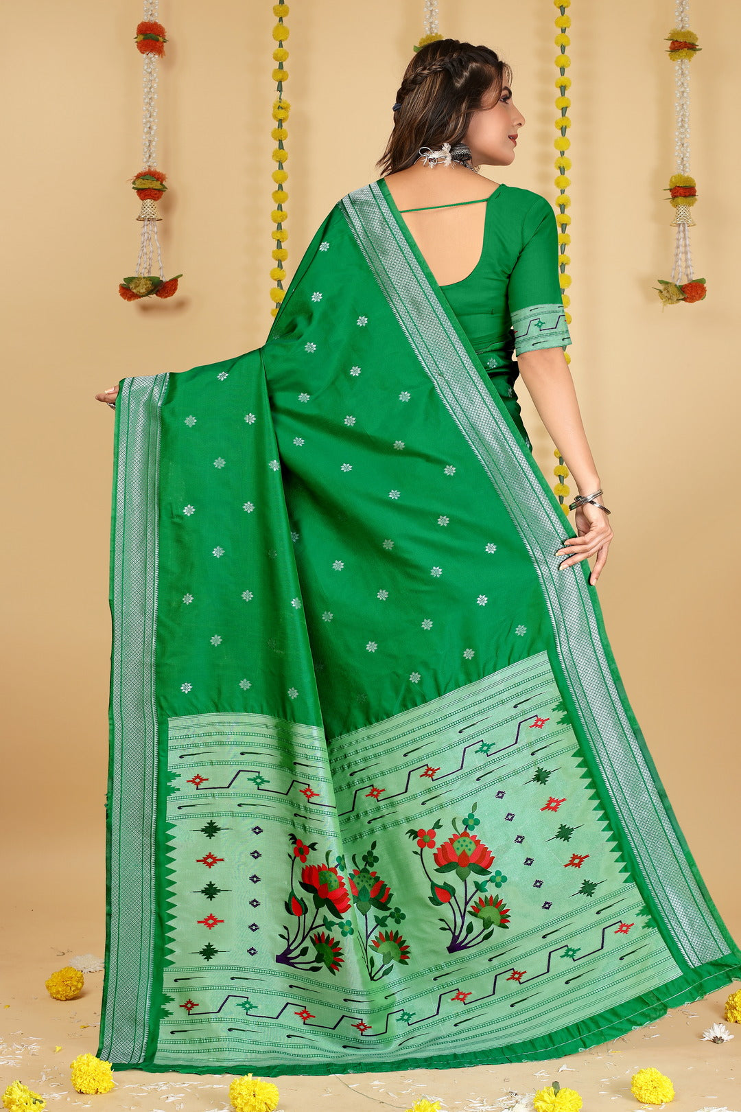 Dhiyona GR Women's Mastani Bottle Green Zari Paithani Silk Saree
