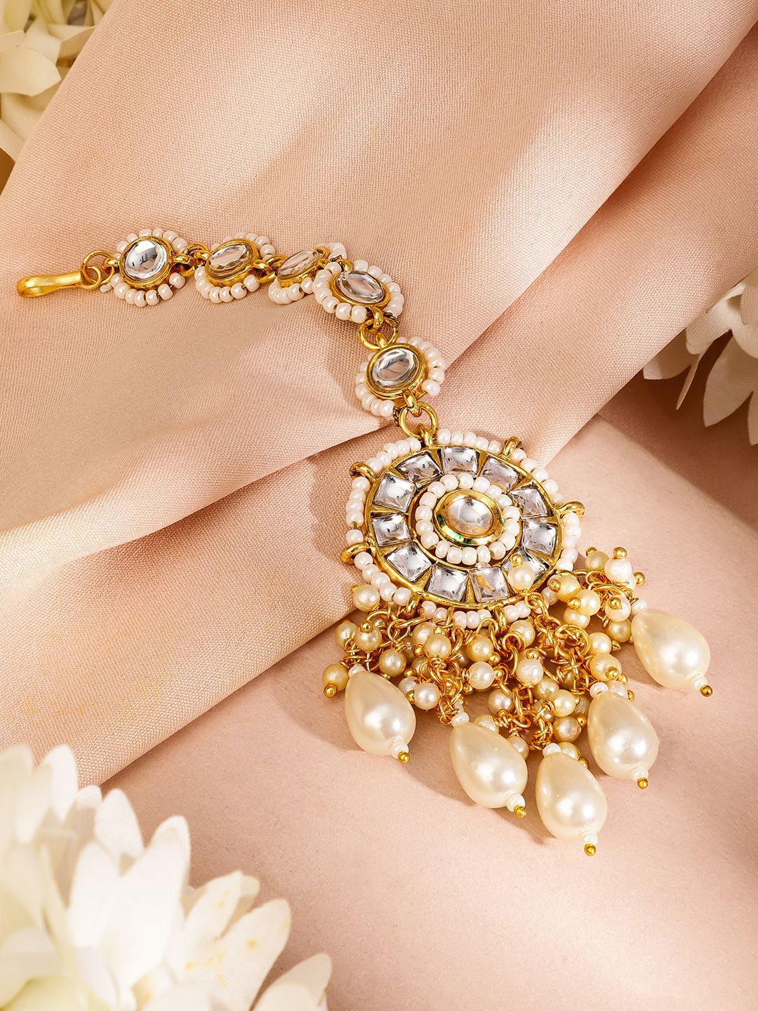 Dhiyona RJ Women's 18K Gold-Plated Kundan & Pearl Beaded Maang Tikka Head Jewellery
