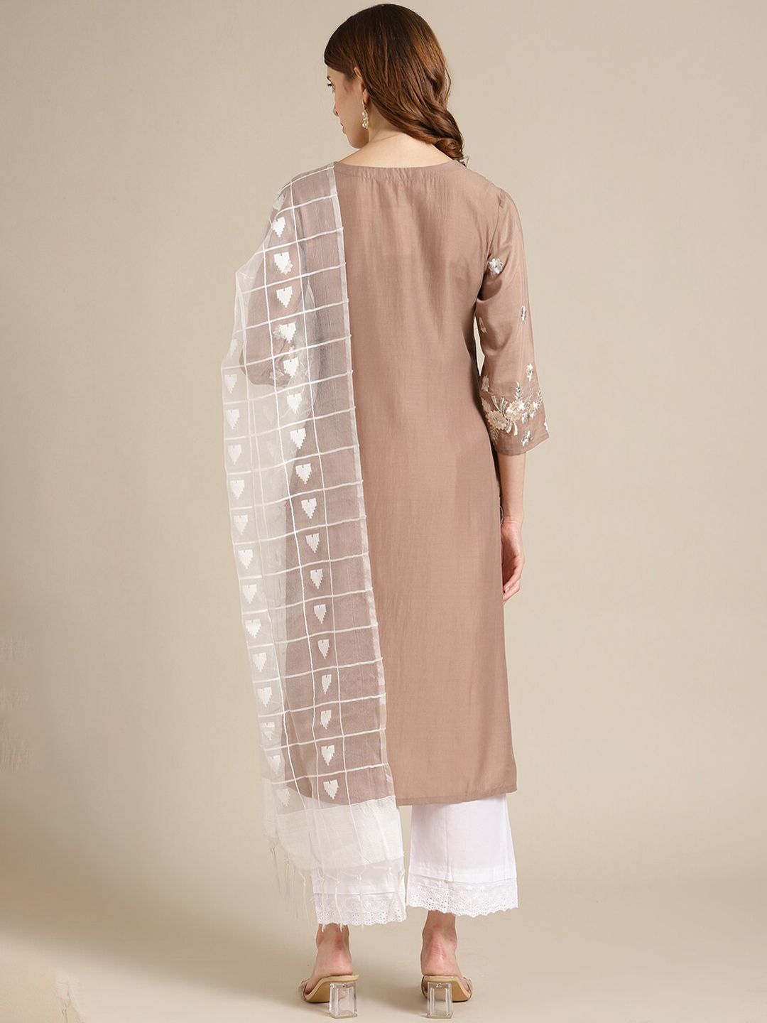 Dhiyona VA Women's Beige Floral Embroidered Kurta with Trousers & With Dupatta