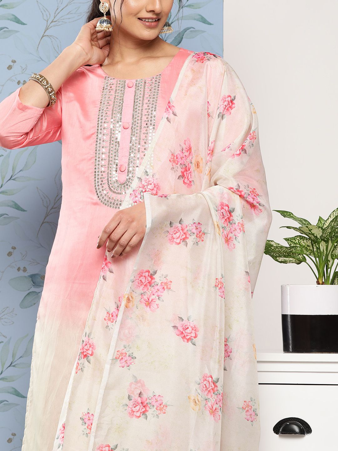 Dhiyona VA Women's Pink Ombre Embroidered Sequinned Kurta with Trousers & With Dupatta