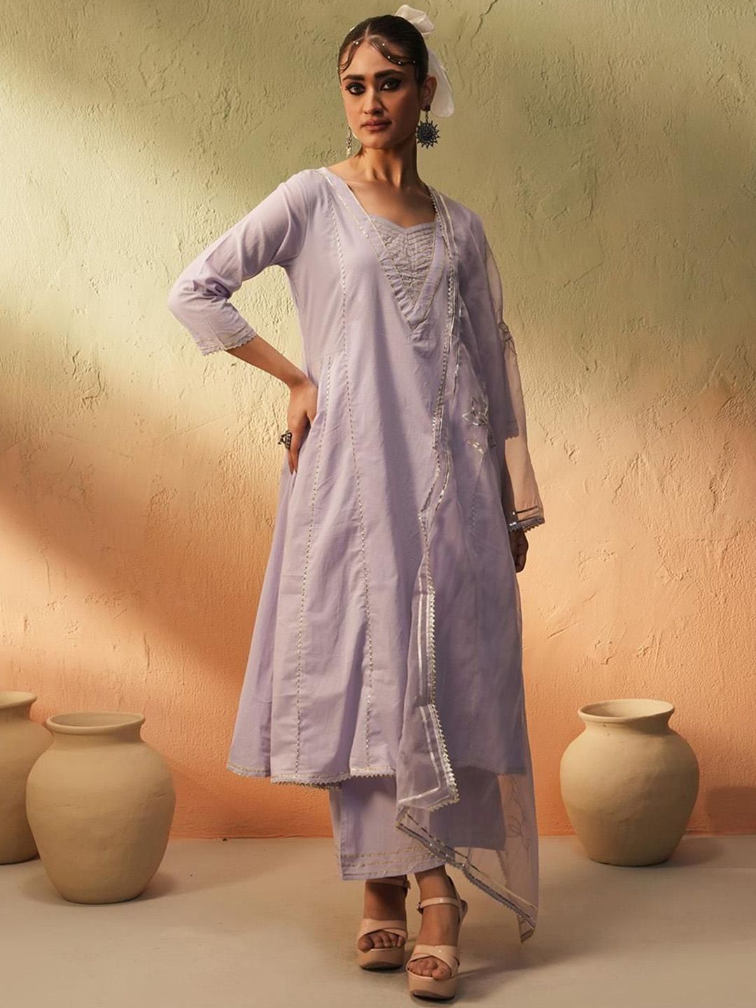 Dhiyona IS Women's Striped Embroidered Gotta Patti Pure Cotton A-Line Kurta With Trousers And Dupatta