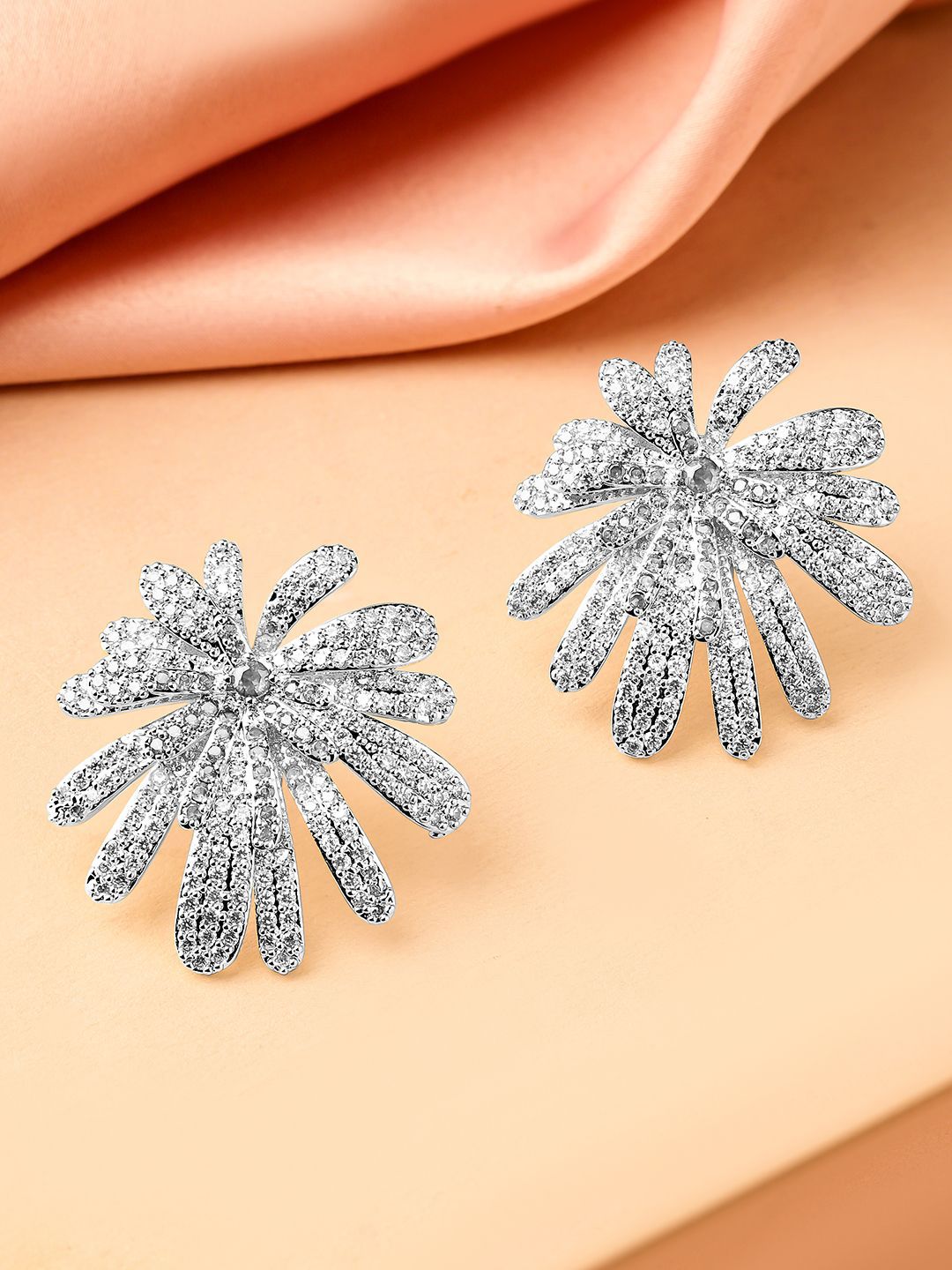 Dhiyona RJ Women's Rhodium-Plated White Cubic Zirconia Floral Glamorous Stud Earrings