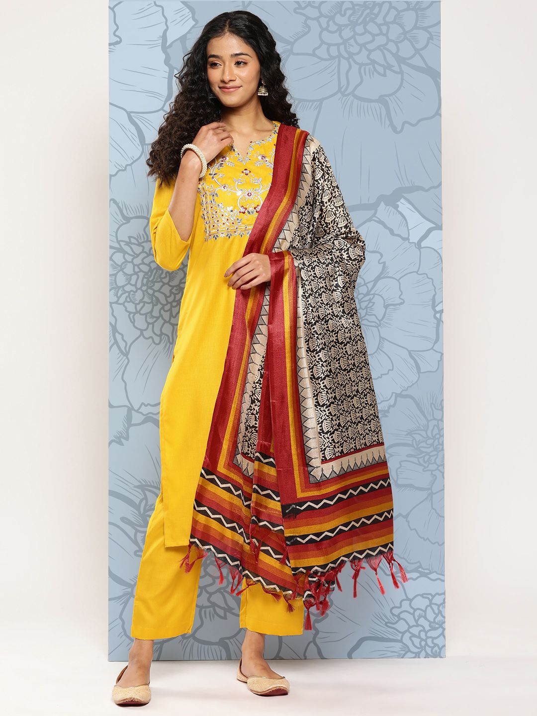 Dhiyona VA Women's Floral Embroidered Regular Gotta Patti Kurta with Trousers & With Dupatta