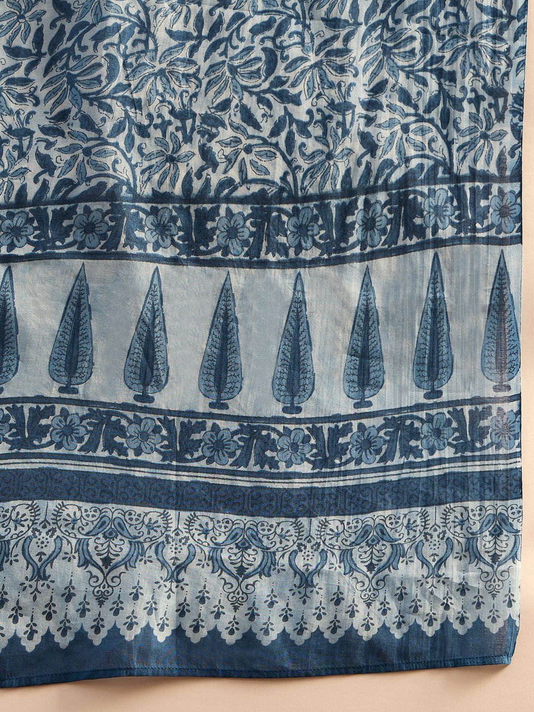 Dhiyona IE Blue Floral Printed V-Neck Pure Cotton Straight Kurta with Palazzo & Dupatta