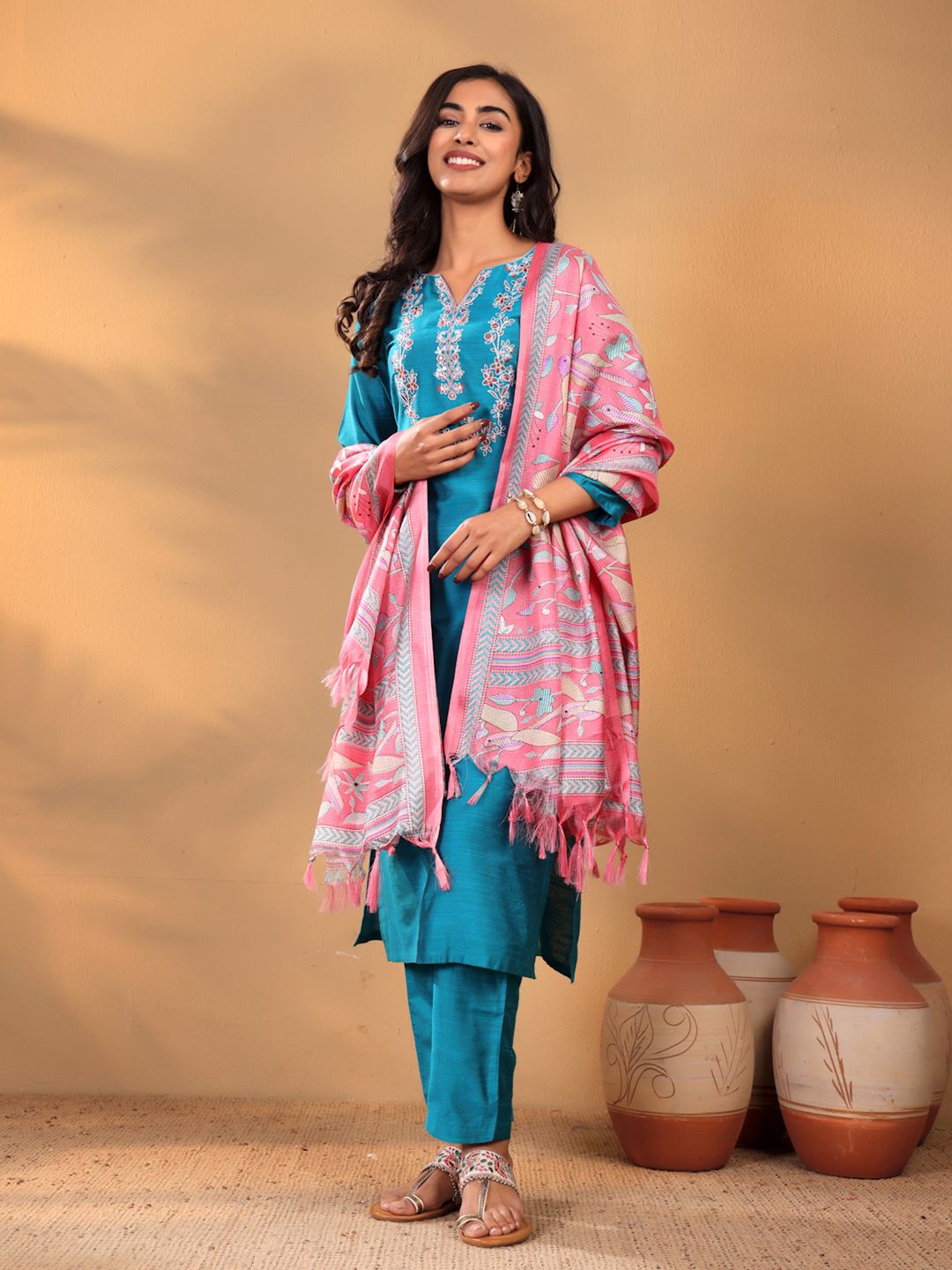 Dhiyona VA Women'sTurquoise Blue Floral Yoke Design Thread Work Kurta With Trouser & Dupatta