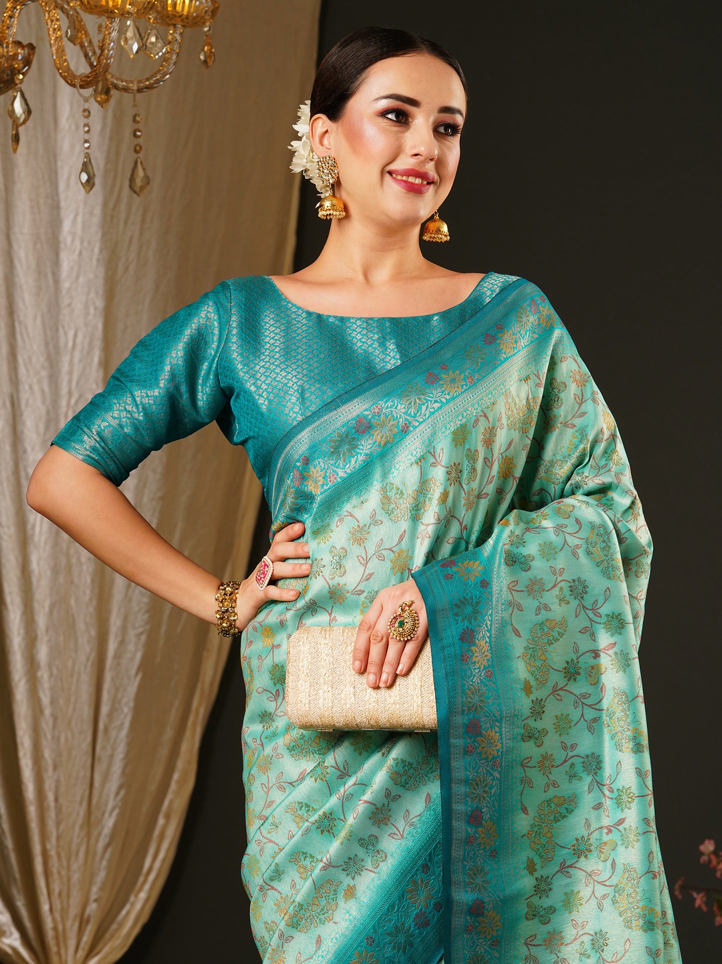 Women's Kanjeevaram Silk Blue Woven Design Celebrity Saree With Blouse Piece