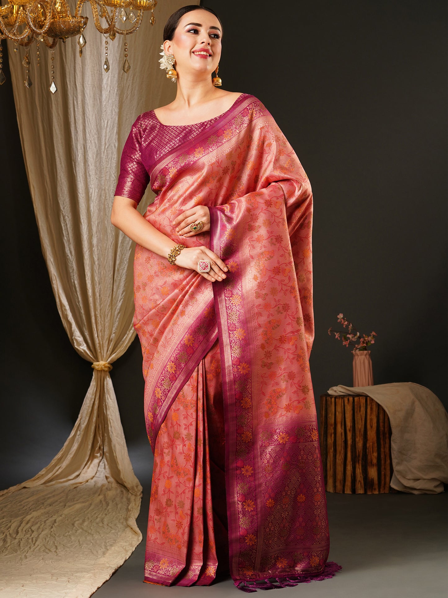 Women's Kanjeevaram Silk Pink Woven Design Celebrity Saree With Blouse Piece