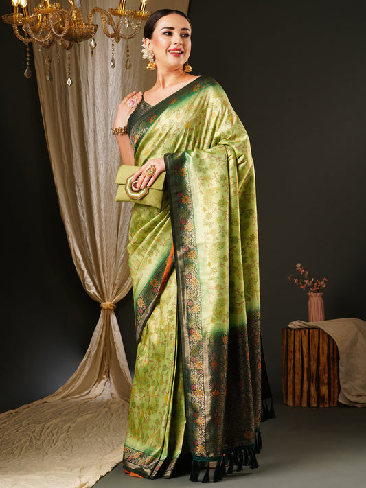 Women's Kanjeevaram Silk Light Green Woven Design Celebrity Saree With Blouse Piece